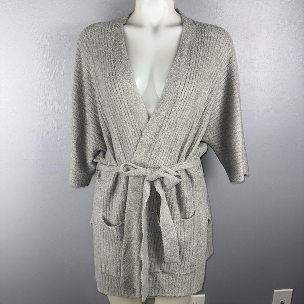 Barefoot Dreams CozyChic Lite Cardigan Women’s S Gray Ribbed Belted Kimono